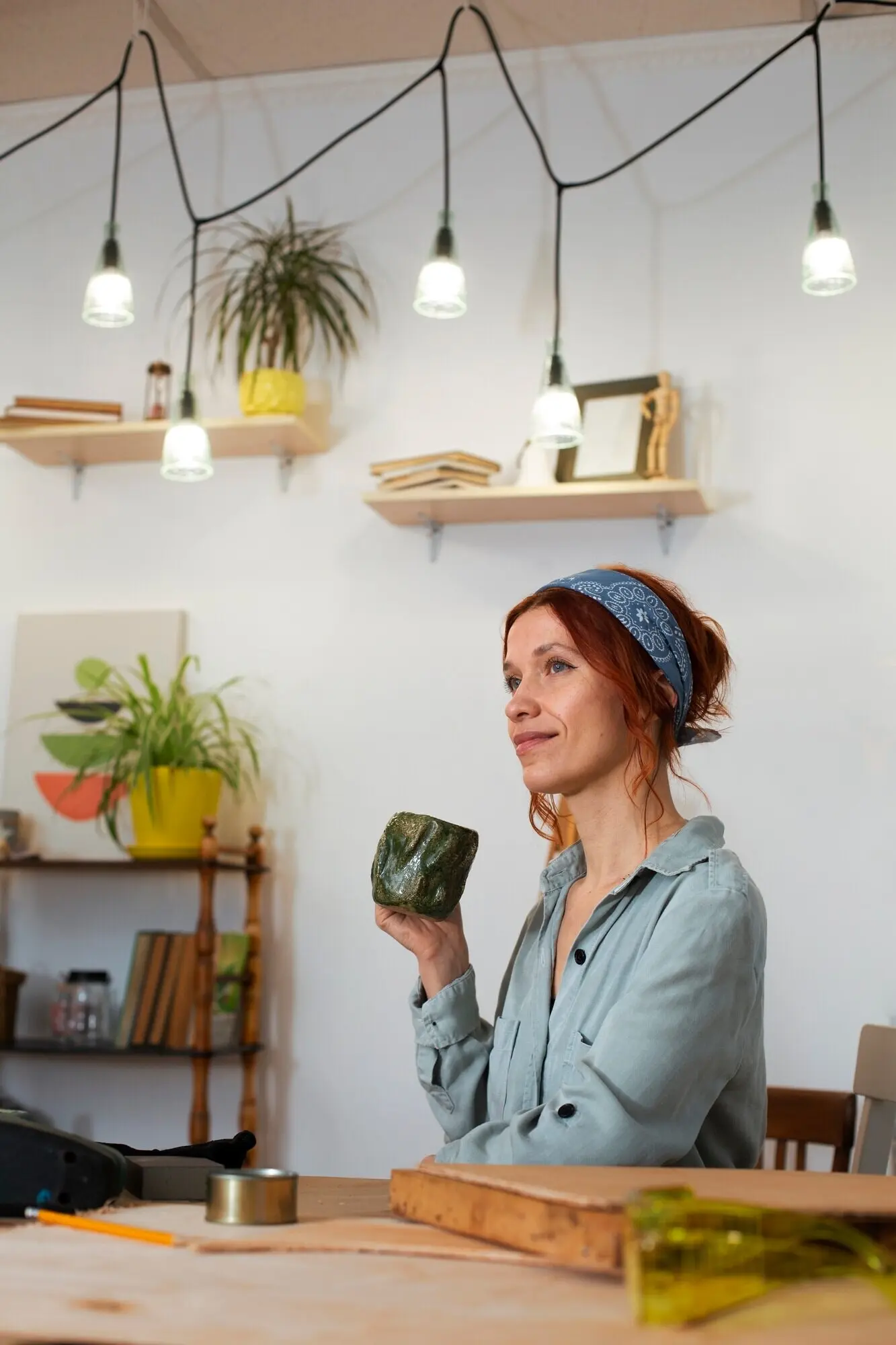 Halbnahe Aufnahme einer Frau, die Möbel restauriert.